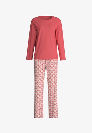 Koraalroze top met lange mouwen, gecombineerd met witte pyjamabroek met een rood bloemenpatroon. Zachte stof, losse pasvorm en ronde hals.
