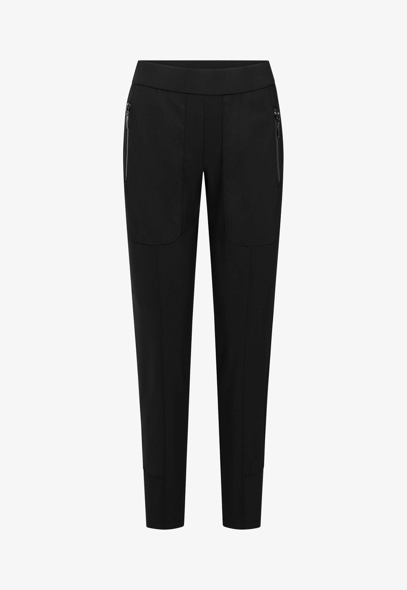 Black tapered pants with elastic waistband and zippered side pockets, featuring stitched panel details down the front.