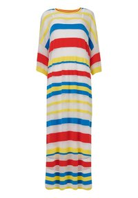 Vestido a rayas con amplias bandas de rojo, azul y amarillo sobre un fondo blanco, con un corte relajado y mangas cortas.