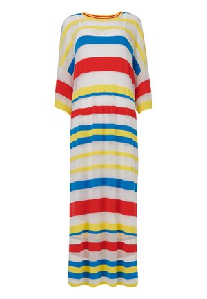Robe rayée avec de larges bandes rouges, bleues et jaunes sur un fond blanc, avec une coupe décontractée et des manches courtes.