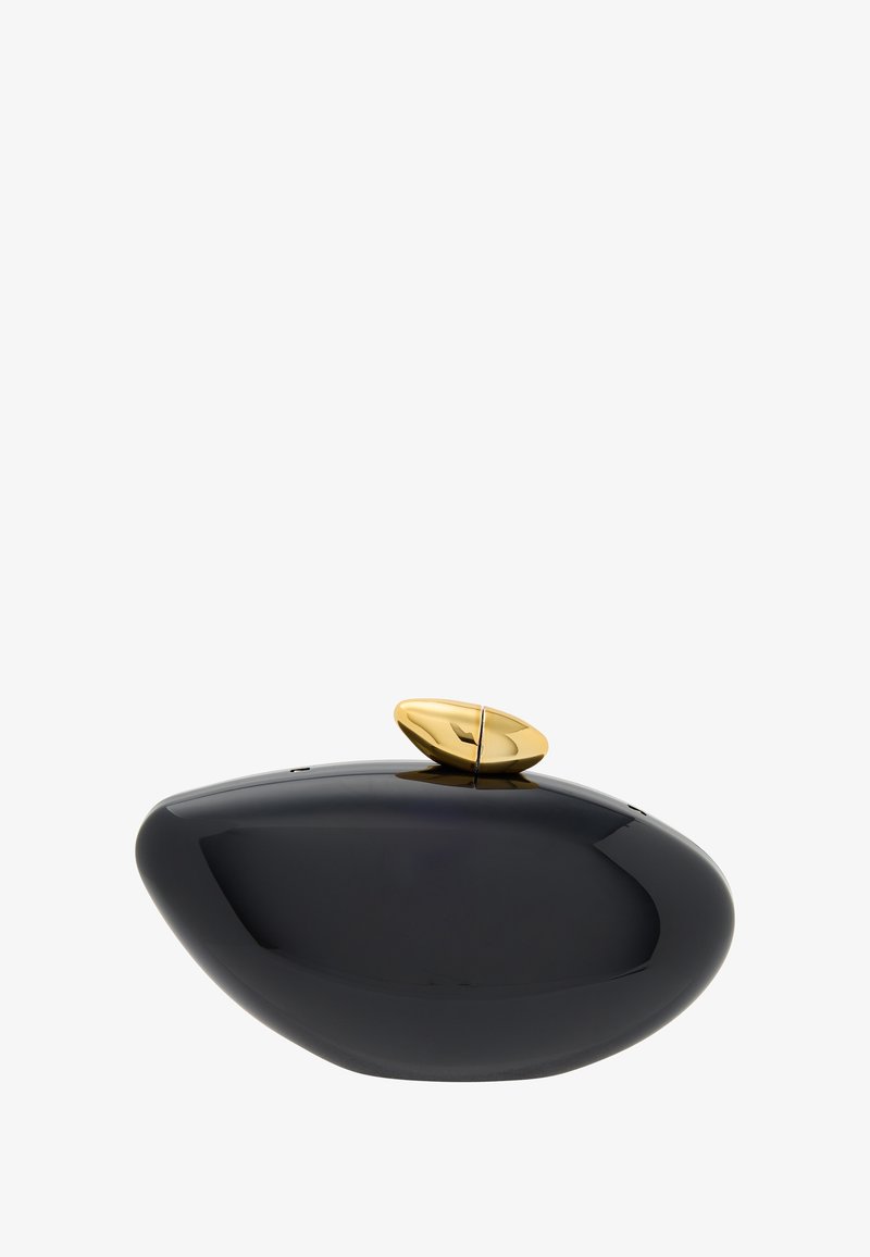 Fekete, ovális alakú parfümös üveg fényes felülettel. Arany, levél formájú kupak. Minimalista dizájn sima vonalakkal, látható címkék nélkül.