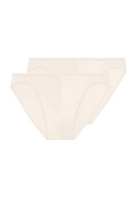 Beige Baumwoll-Hipster-Unterwäsche, nahtloses Design mit abgerundeten Kanten, elastischem Bund und weichem, glattem Material. Zwei Paare abgebildet.