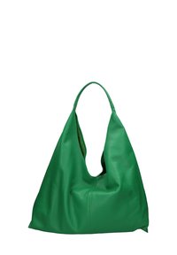 Borsa a spalla in pelle verde con un design morbido e un manico singolo. Presenta un'ampia apertura e una superficie morbida al tatto.
