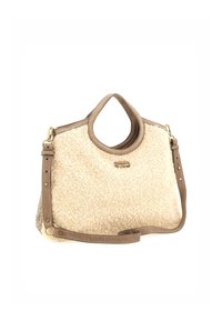 Borsa in peluche beige con dettagli in pelle marrone, dotata di manico superiore arrotondato, tracolla removibile e accessori in oro. Superficie testurizzata.