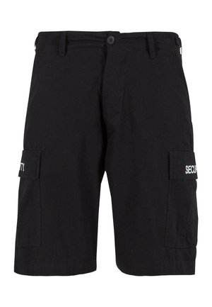 Svarta cargo-shorts i bomull. Har två sidofickor, ett knappstängning och "SECURITY" tryckt i vitt på vänster ficka.
