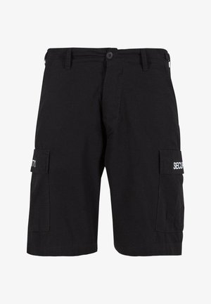 Svarta cargo-shorts i bomull. Har två sidofickor, ett knappstängning och "SECURITY" tryckt i vitt på vänster ficka.