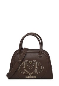 Borsa a mano in pelle marrone con un design strutturato. Presenta un grande logo oro di Love Moschino, manici doppi e una tracolla removibile.