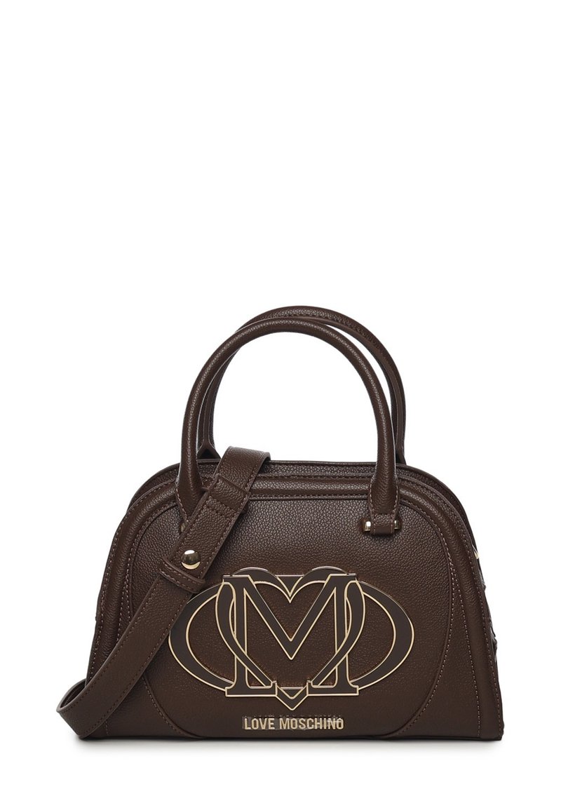 Borsa a mano in pelle marrone con un design strutturato. Presenta un grande logo oro di Love Moschino, manici doppi e una tracolla removibile.