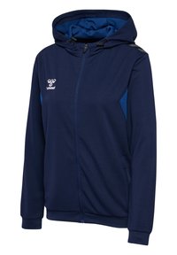 Marine hoodie met een rits aan de voorkant, verstelbare trekkoord, gestructureerde stof en contrasterende blauwe zijpanelen. Voorzien van logo op de borst.