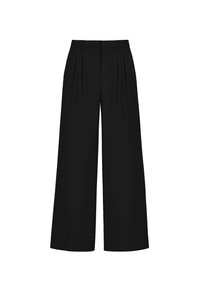 Pantalons larges à taille haute noirs avec passants de ceinture et plis avant, présentés sur un fond blanc.