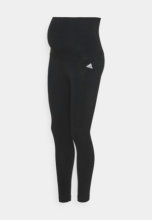 Leggings de maternidade pretos com uma cintura alta, feitos de tecido elástico. Apresenta um pequeno logo branco da Adidas no lado esquerdo.