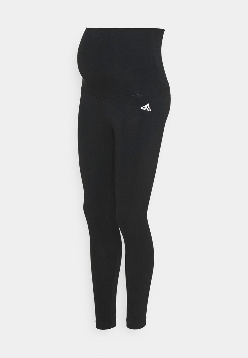 Leggings de maternidade pretos com uma cintura alta, feitos de tecido elástico. Apresenta um pequeno logo branco da Adidas no lado esquerdo.