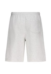 Pantaloni corti grigi chiari realizzati in tessuto morbido, con una cintura elastica e una singola tasca posteriore. Design semplice e privo di decorazioni.