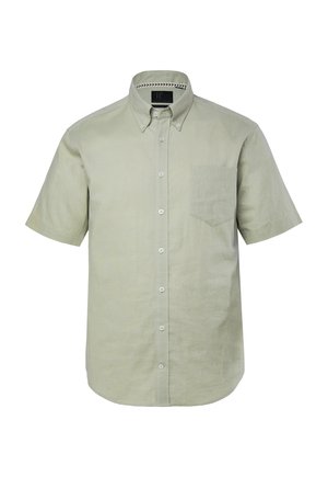 Hellolivgrünes, kurzärmeliges Herrenhemd mit Brusttasche und Button-Down-Kragen.