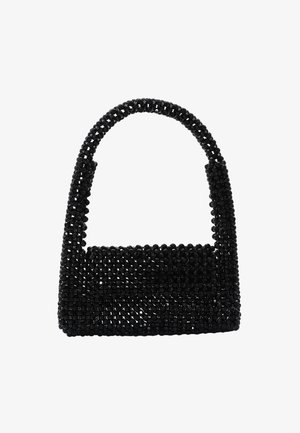 Fekete gyöngyből készült kézitáska, strukturált, kerek füllel és téglalap alakú testtel, amelyen texturált minta található.