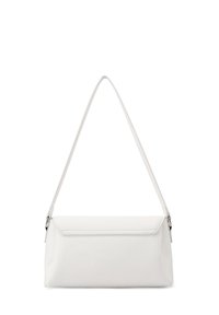Borsa a spalla in pelle bianca con una forma rettangolare strutturata, una finitura liscia e una singola tracolla regolabile. Presenta una chiusura superiore con zip.