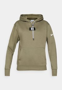 Olijfgroene hoodie met een voorkantzak, een trekkoordcapuchon en een logopatch. Beschikt over gestructureerde stof en ribgebreide manchetten en zoom.