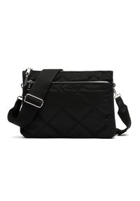 Sac bandoulière en nylon matelassé noir avec deux sections zippées, une sangle réglable et des accents en métal argenté. Motif de losanges texturé.
