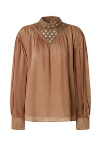 Blusa marrone a maniche lunghe con collo alto, caratterizzata da un busto testurizzato e un collo decorato con pattern circolari e a diamante.