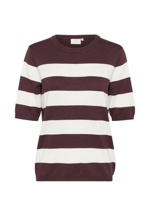 Top in maglia a maniche corte con righe orizzontali bordeaux e bianche, scollo rotondo e una consistenza morbida. Fit casual e rilassato.