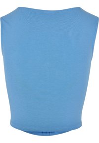 Lyseblå, ermeløs crop top med rund hals, laget av myk bomullsmateriale. Har en glatt tekstur og enkelt design uten mønstre.