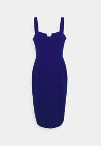 Vestido azul justo com decote definido, alças finas e pregas na cintura, feito de tecido suave. Fecho de correr nas costas.