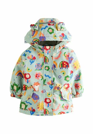 Imperméable enfant vert clair avec imprimés colorés d’animaux et de fleurs, capuche avec oreilles, boutons sur le devant et poches avant en biais.