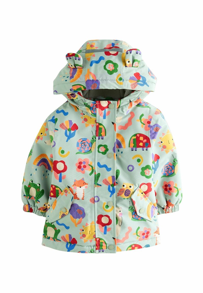Imperméable enfant vert clair avec imprimés colorés d’animaux et de fleurs, capuche avec oreilles, boutons sur le devant et poches avant en biais.