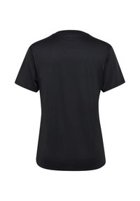 Black short-sleeve t-shirt with a rounded neckline and smooth texture. Back features three horizontal lines near the collar for detail.