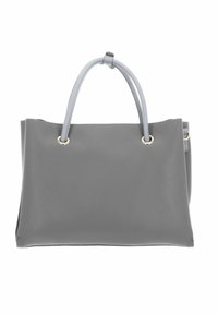Grått lær tote bag med doble, runde håndtak, med en teksturert overflate og aksenter i gullfarge. Minimalistisk design, strukturert form.