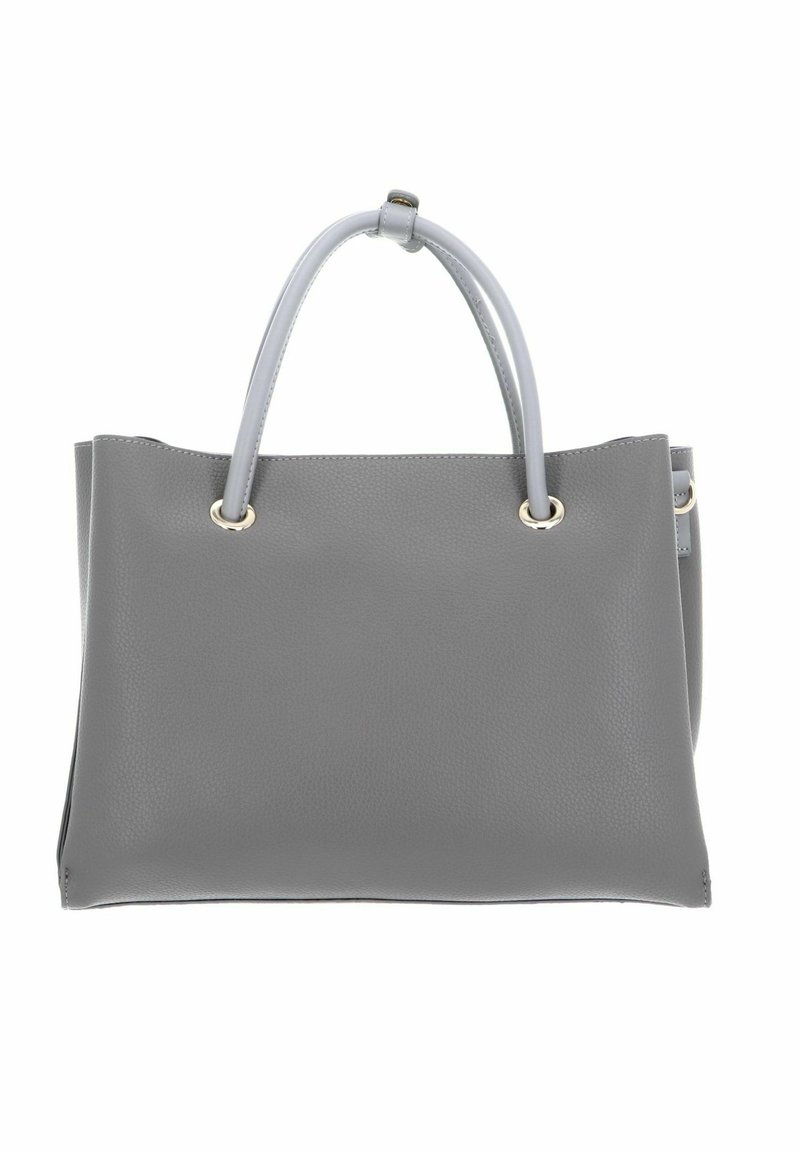 Graue Leder-Tote-Tasche mit doppelten, runden Griffen, verfügt über eine strukturierte Oberfläche und goldfarbene Hardware-Akzente. Minimalistisches Design, strukturierte Form.