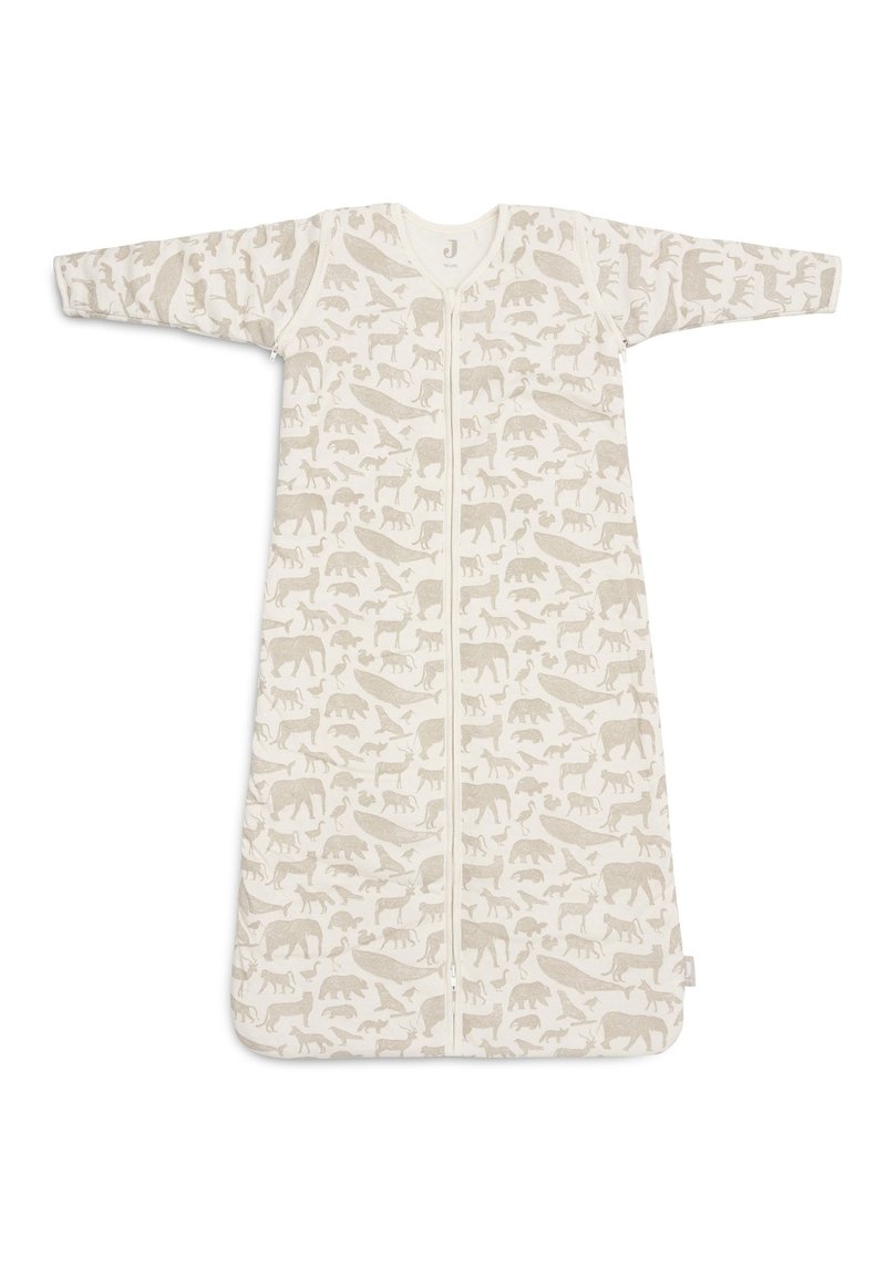 Sac de couchage en coton avec manches longues, couleur crème, présentant un motif d'animaux répété en beige clair, fermeture éclair à l'avant.