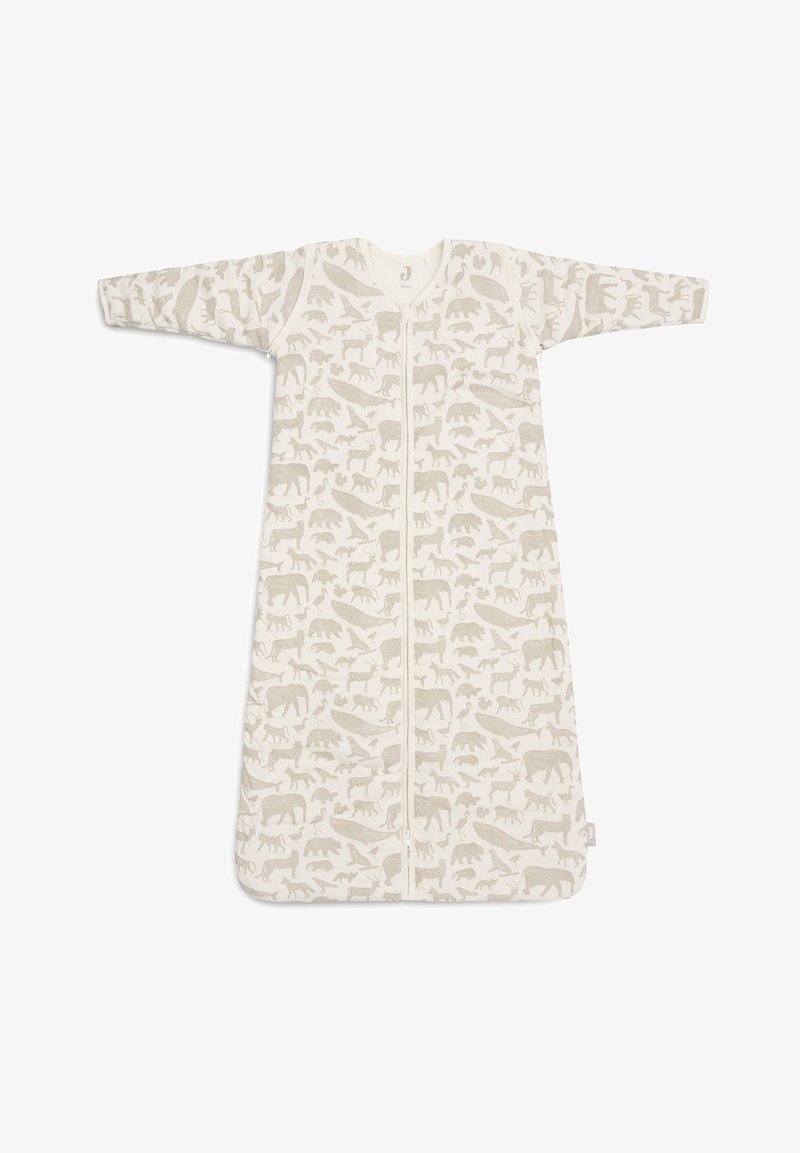Sac de couchage en coton avec manches longues, couleur crème, présentant un motif d'animaux répété en beige clair, fermeture éclair à l'avant.