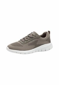 Scarpa sportiva grigia in tessuto a rete con ventilazione prominente, punta rotonda, sole bianco piatto e design della suola testurizzata e flessibile. Presenta lacci coordinati e marchi.