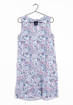 Sleeveless knee-length dress with round neck, light gray fabric featuring a red, white, and navy paisley and floral pattern hanging on a black hanger.