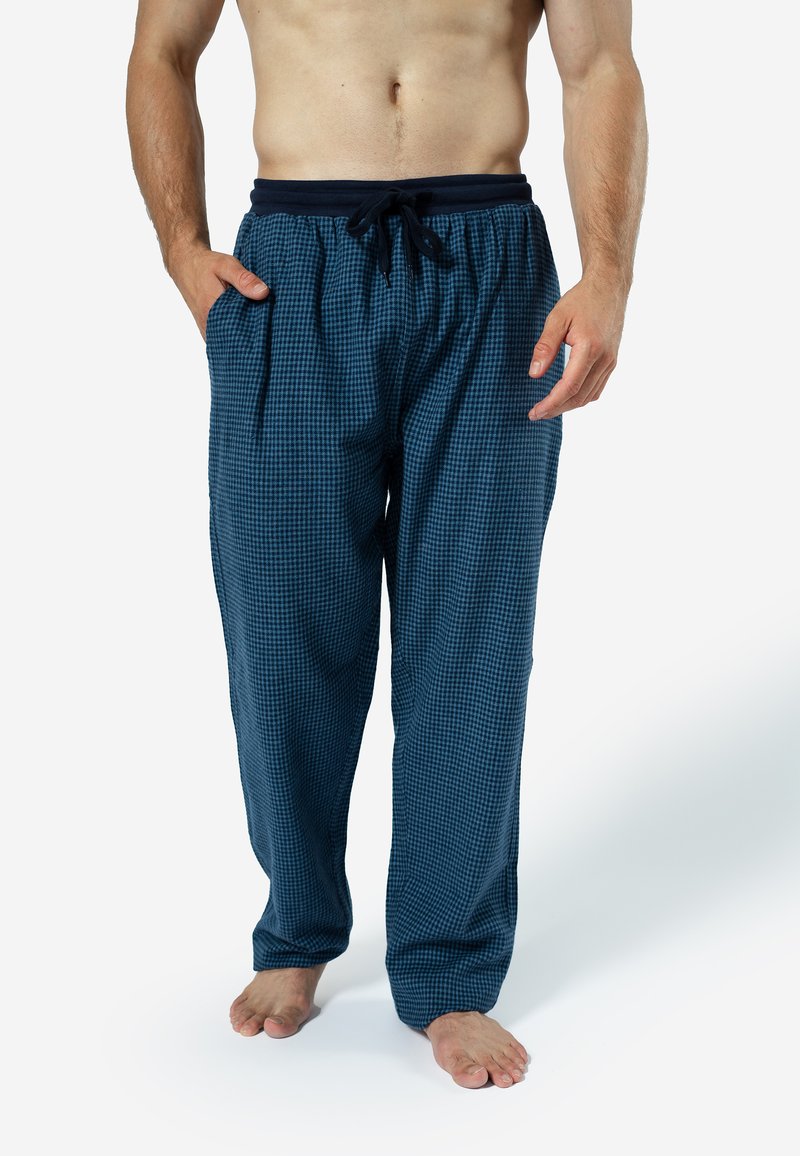 Heren blauwe geruite pyjamabroek met een elastische tailleband en koord; voorzien van zijzakken en een losse pasvorm.