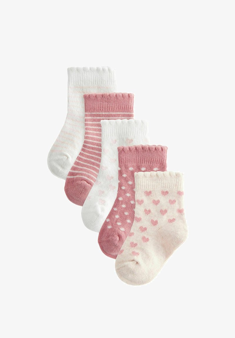 Set aus fünf Socken in Pink und Weiß. Merkmale sind gerippte Bündchen, verschiedene Muster wie Streifen und Herzen sowie eine weiche Textur.