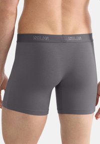 Gray boxer shorts with a smooth texture and elastic waistband featuring white logo detail. Cut close to the body for a fitted look.