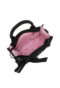 Borsa a mano in tessuto nero con fodera in fantasia Hello Kitty rosa, doppi manici superiori, chiusura con zip e applique a fiocco decorativo.