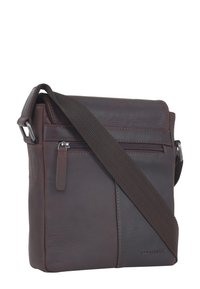 Borsa a tracolla in pelle marrone con una texture liscia, tasca frontale con zip e tracolla in tessuto regolabile. Presenta dettagli cuciti sui lati.