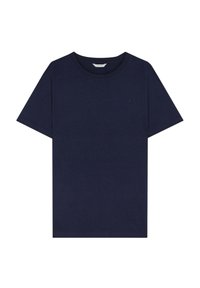 Mørkeblå bomulds t-shirt med korte ærmer og rund hals; har et lille, diskret logo på venstre brystområde.