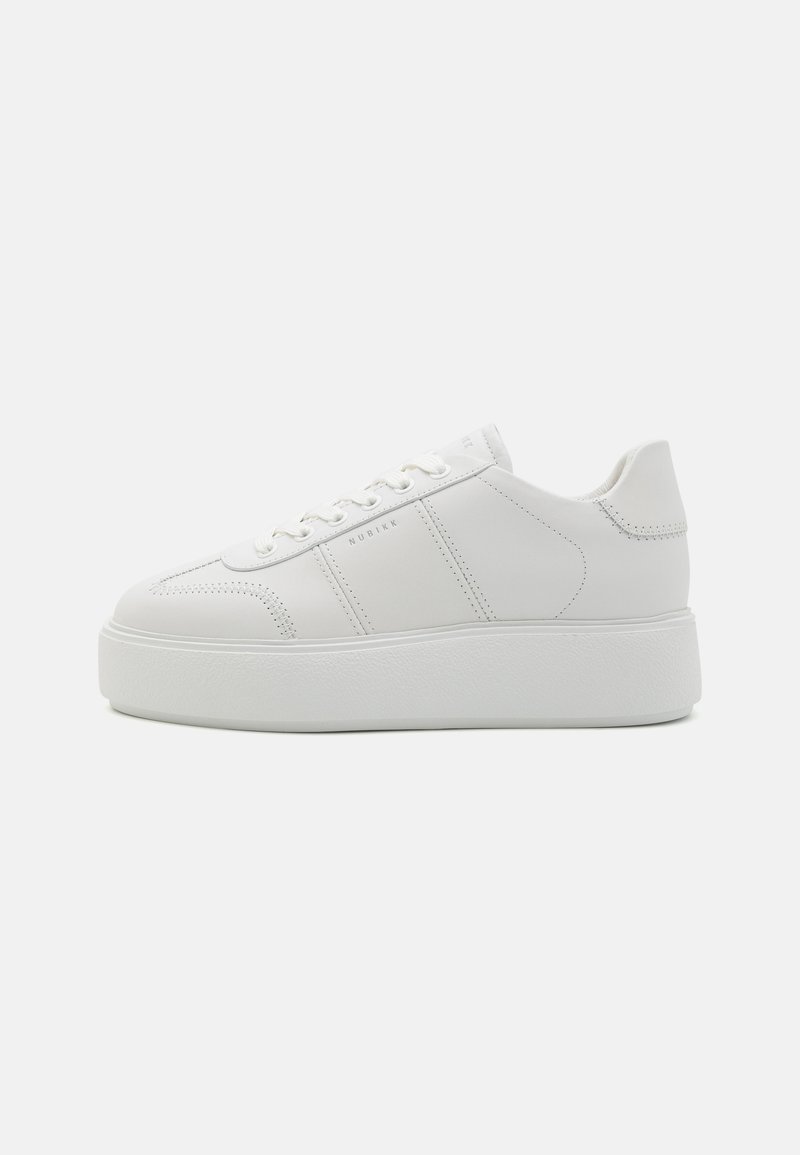 Hvit plattform joggesko med glatt skinnoppe, minimalistisk design, rund tå, og perforerte detaljer på sidene og tungen.