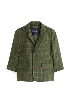 Blazer à carreaux verts en tissu texturé avec des lignes de grille orange, doté d'un revers cranté, de deux poches avant et de boutons marron.