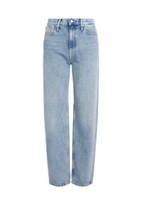 Jeans de mezclilla azul claro con un ajuste holgado, una cintura alta y perneras rectas. Con bolsillos frontales, cierre de botón y costuras visibles.