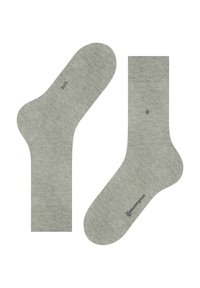 Grijze katoenen sokken met een gladde textuur, voorzien van een versterkte hiel en teen, en subtiele branding nabij de boord.