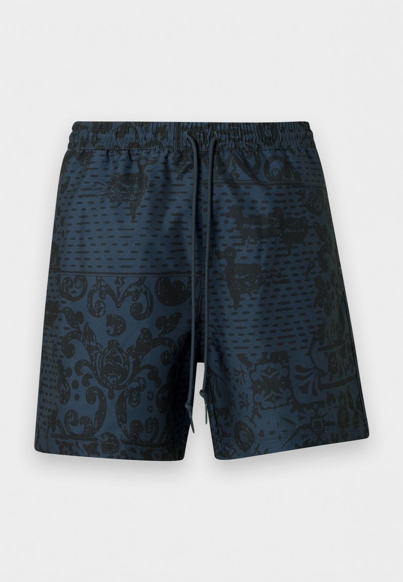 Marineblaue Badeshorts mit schwarzen Barock- und Tiermustern, elastischem Bund und vorderer Kordel.
