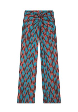 Pantalons larges en tissu avec un motif abstrait turquoise, rouge et marron ; design drapé avec un twist à la taille.