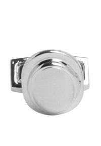 Manopola in metallo argento con forma a disco rotondo e superficie liscia, montata su una base rettangolare con finitura lucida.