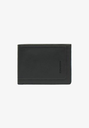 Portafoglio nero in pelle a doppia piega con logo del marchio in rilievo discreto sulla parte anteriore, design semplice, chiuso, isolato su sfondo bianco.