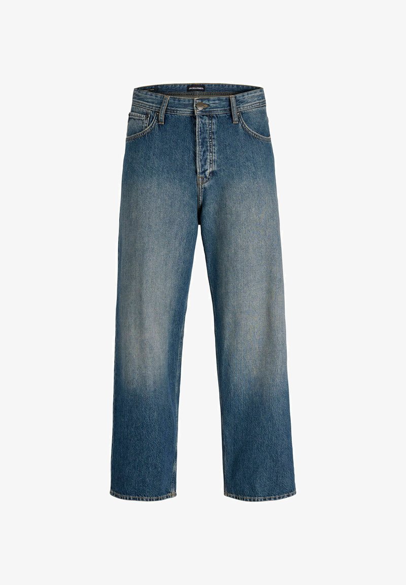 Jeans din denim albastru cu un croi confortabil, design cu picior drept, decolorare subtilă și un eticheta de brand pe talie pentru detaliu.
